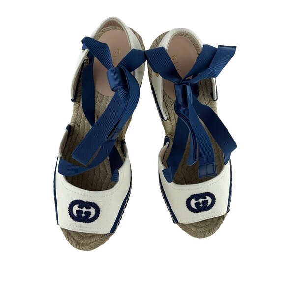 Gucci Women's Espadrille With Ribbon Tie Interlocking G White & Blue Sz 38 - Picture 4 of 11
